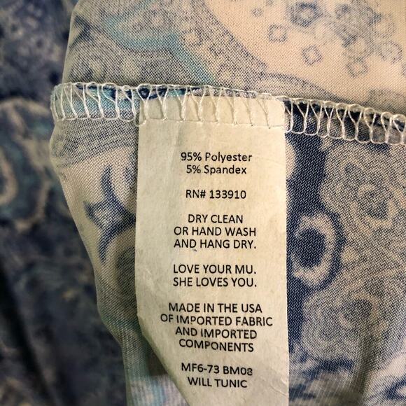 Show Me Your Mumu Size XS Blue & White Paisley Tunic Long Sleeve Boho Slinky - Picture 3 of 4